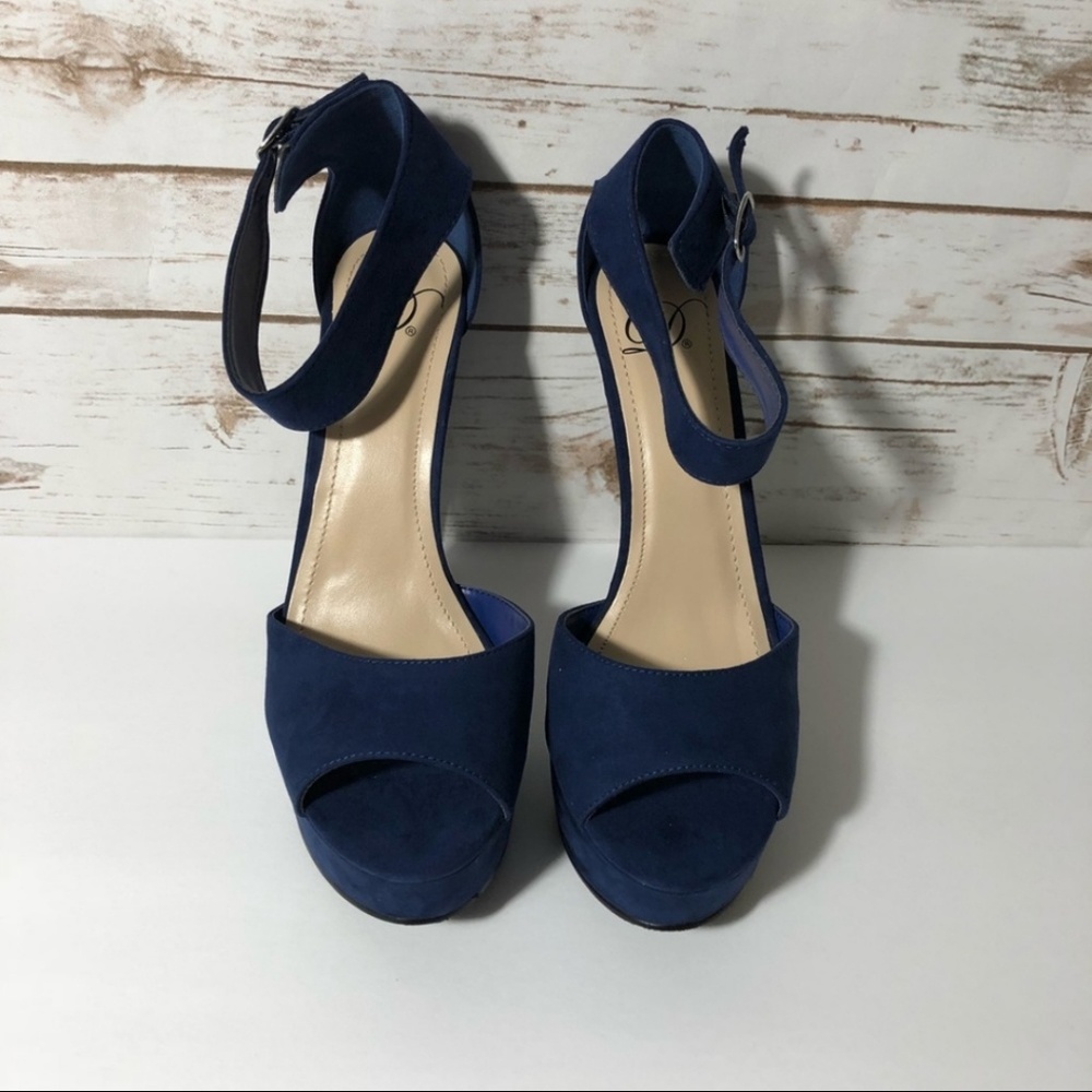 Dark blue ankle strap platform heels
